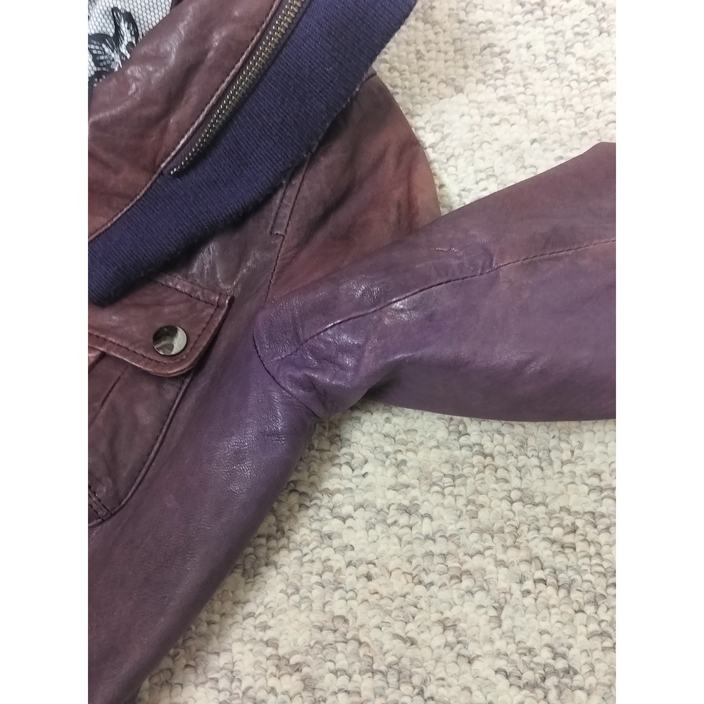Danier Italian Leather Hooded Bomber Jacket‎ Womens 2XS Purple Ribbed Wool Trim - Picture 10 of 15